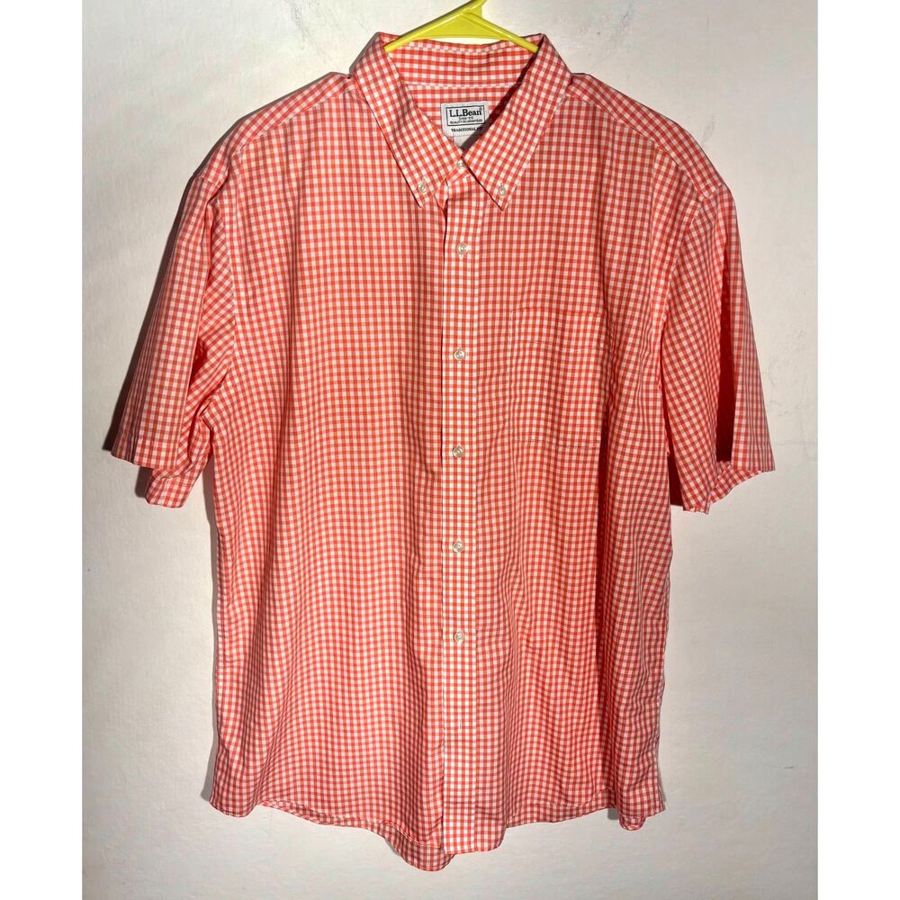 L.L.Bean Mens L Orange Gingham Shirt Traditional Fit Cotton Short Sleeve 280483